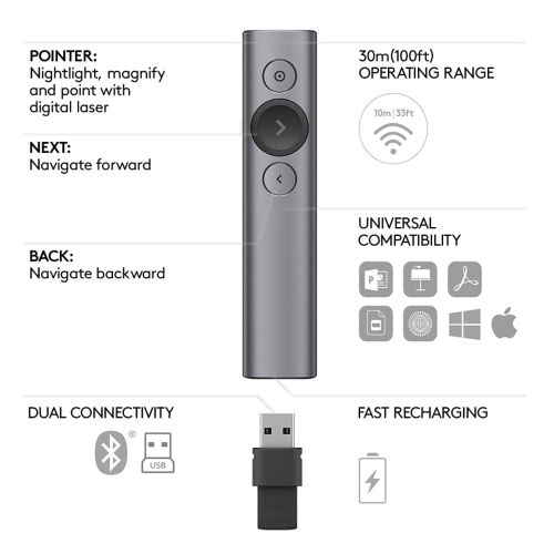 Logitech Spotlight Wireless Presentation Remote, 2.4 GHz and Bluetooth, USB-Receiver, Digital Laser Pointer, 30m Operating Range, Dual Connectivity
